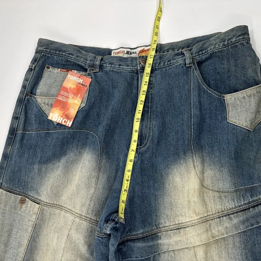 Y2K Torch Jeans Mens 48x34 Denim Patchwork Distressed Wide Baggy Hip Hop Urban - Picture 11 of 13